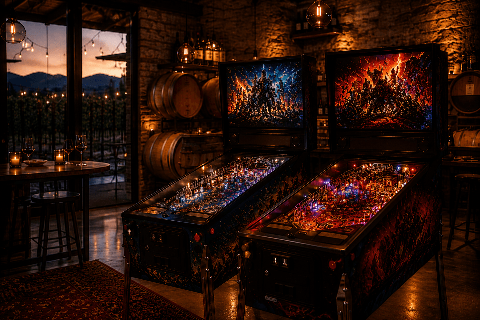 Pinball machines glowing in a Napa Valley winery