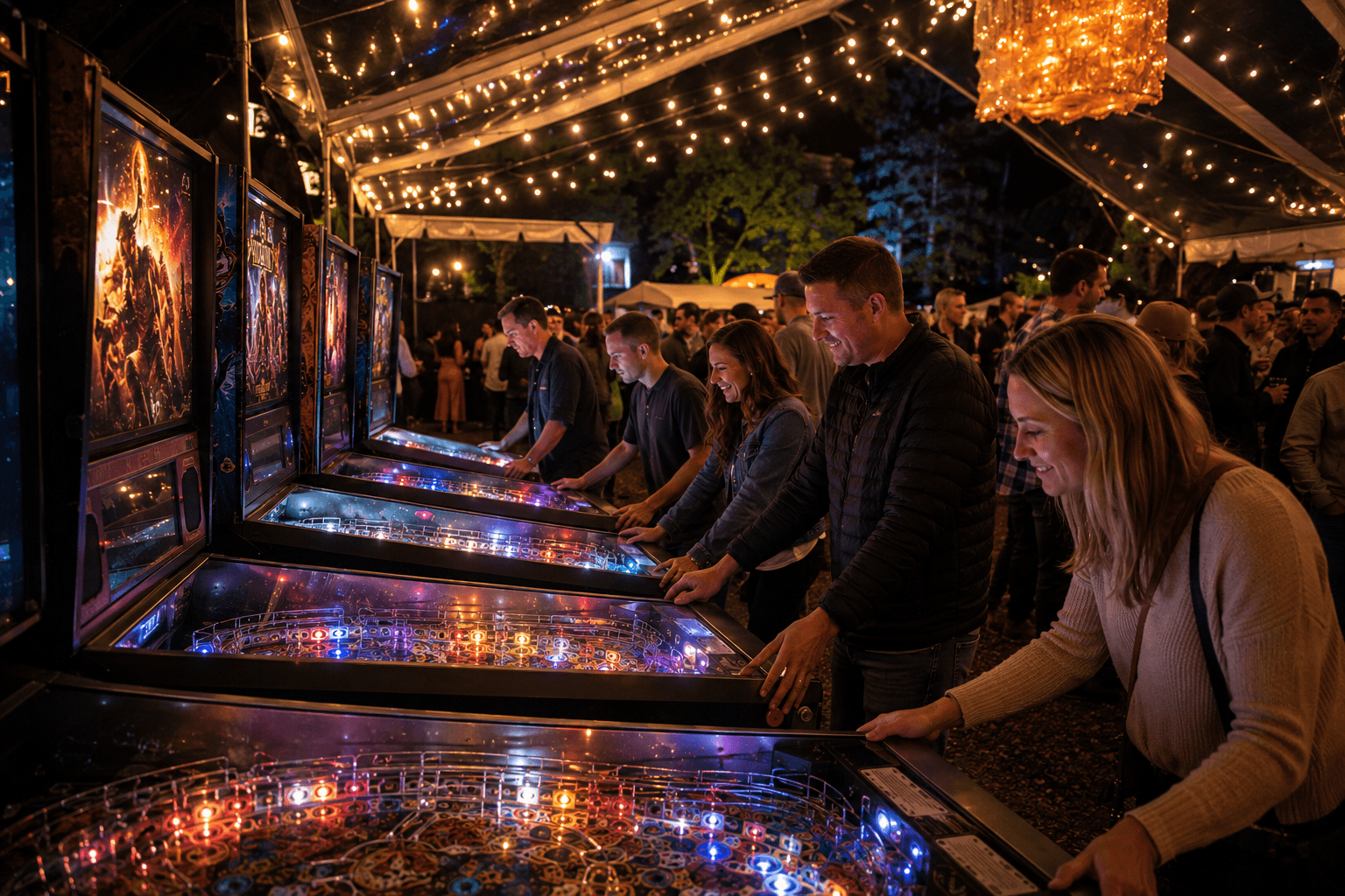 Pinball machines glowing at an outdoor festival