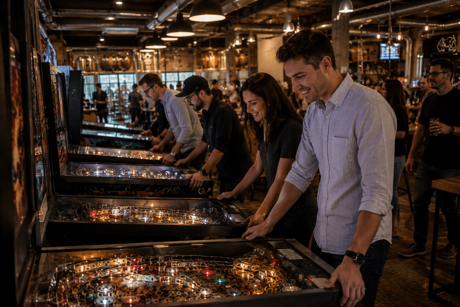 Corporate team playing pinball at a company event