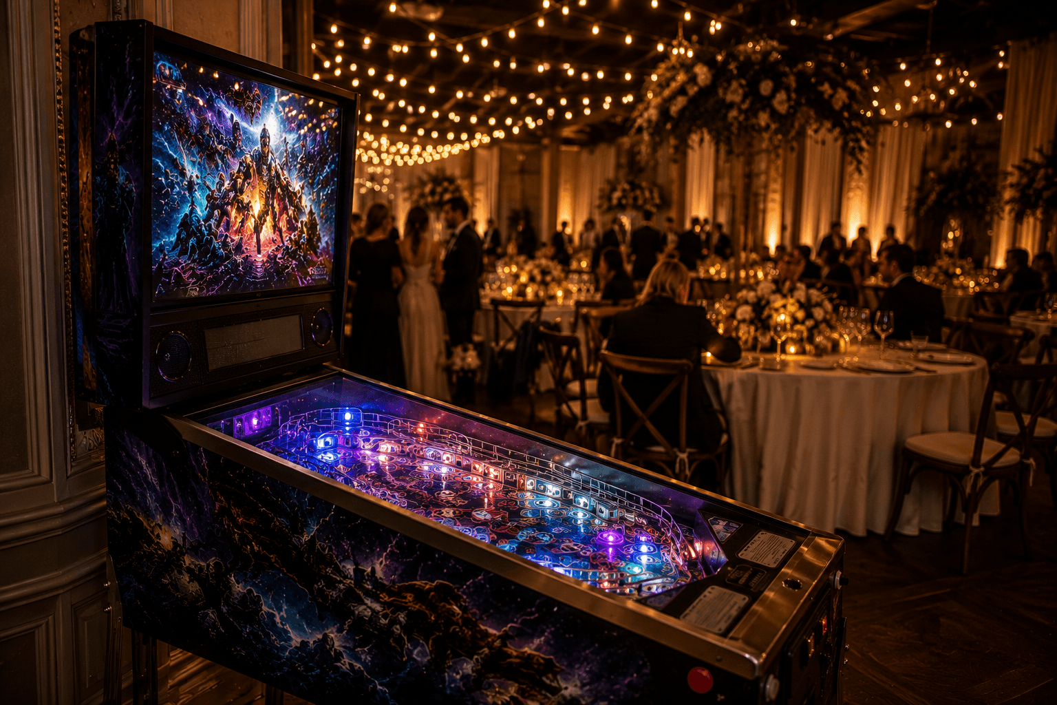 Wedding reception guests playing pinball